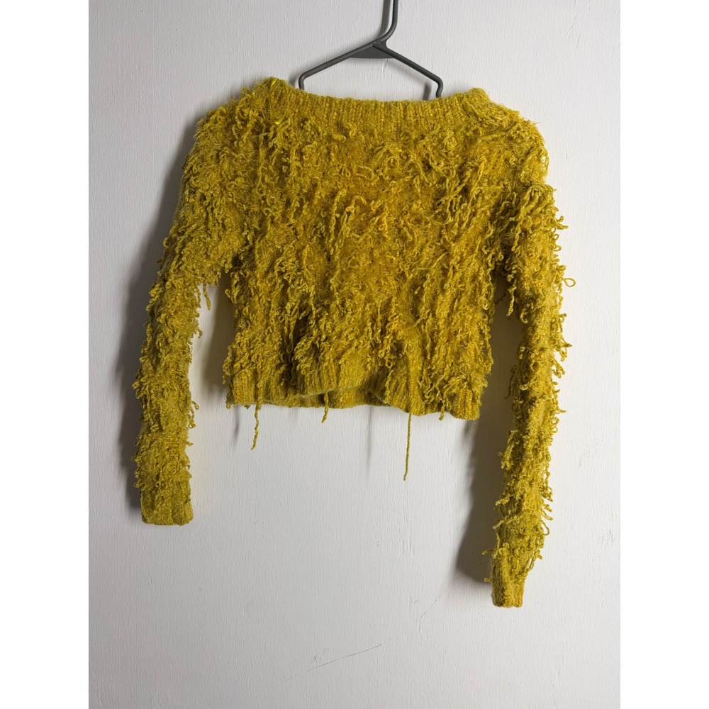 Love Tree Mustard Yellow Shaggy Fringe Knit Cropped Sweater W9005 Medium